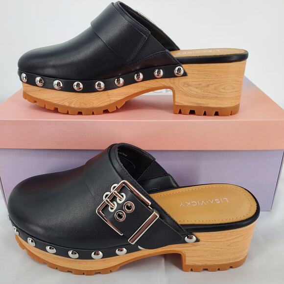 Lisa Vicky Womens Size 7M‎ Vixen V Clog Studded Buckle Black Polish Calf New - Picture 1 of 10